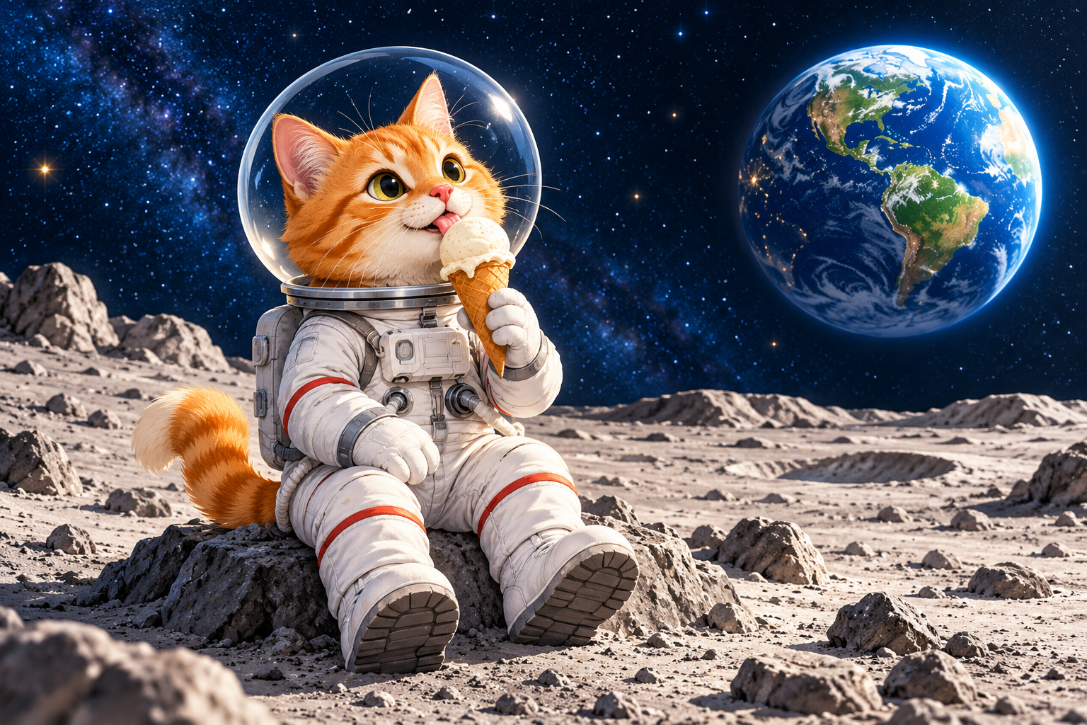 橘猫宇航员坐在月球上吃冰淇淋,远处是地球